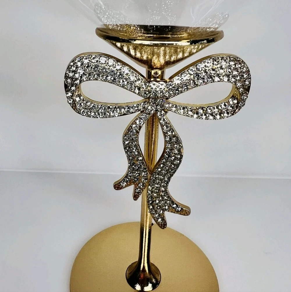 2pc Set Gold Metal Rhinestone Coquette Bow Coupe Cocktail Martini Glasses NEW